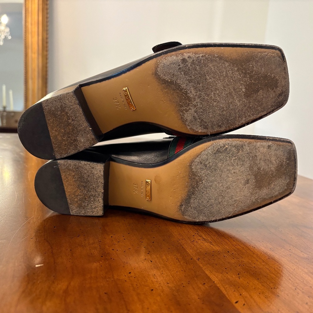 Gucci Black Leather Loafers with Gold and Green-Red Stripe Webbing, 37.5 - Picture 3 of 6